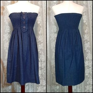 Milky Way Strapless Pleated Denim like Midi Dress, OS